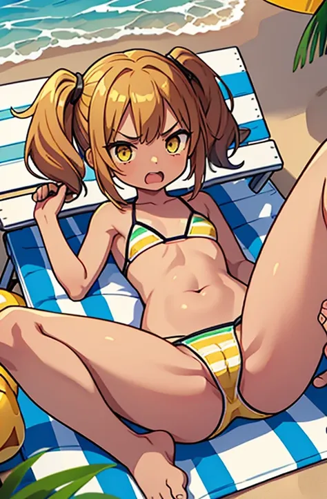 Ten_years_old girl , fighting, angry scream, ((striped yellow bikini)) ,fullbody, pigtails bang hair,  (( barefoot)), beach, brown skin, lying down, spread legs, colorfull, brazilian girl,