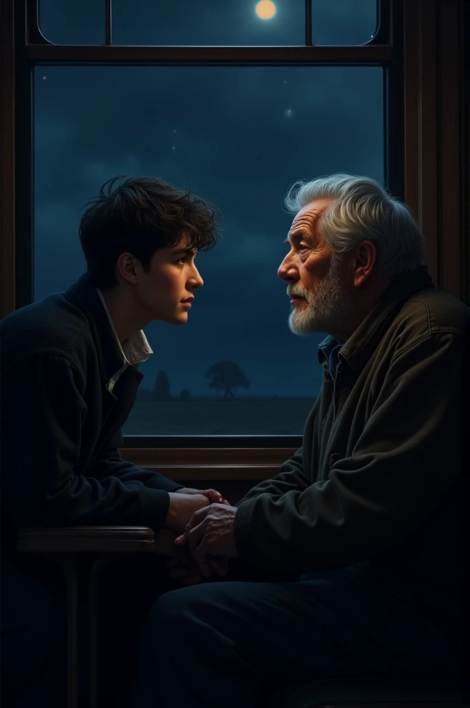  Insert image of a young man leaning towards the old man,  with an expression of curiosity while asking a question . In a train car in the dark and night 