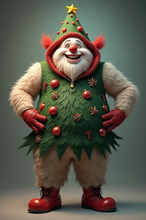 photorealistic portrait of Dressed animals - a ((fat)) (yeti) clown,(Art by loish:1.2),(Christmas theme),(cute),(happy smile:1.2), (elegant),(hands on hips:1.5), high quality,(lovely) ,(highly detailed Christmas tree costume:1.5),Christmas motif accessorie...