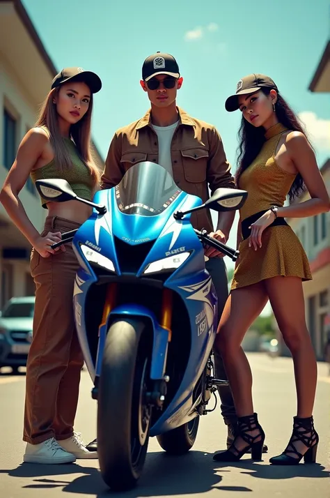 WSBK motorcycle YAMAHA R15 Indonesian men standing up jacket t-shirt and basketball cap brown jeans cool shoes and beautiful Indonesian women wear dress sexy big boobs 