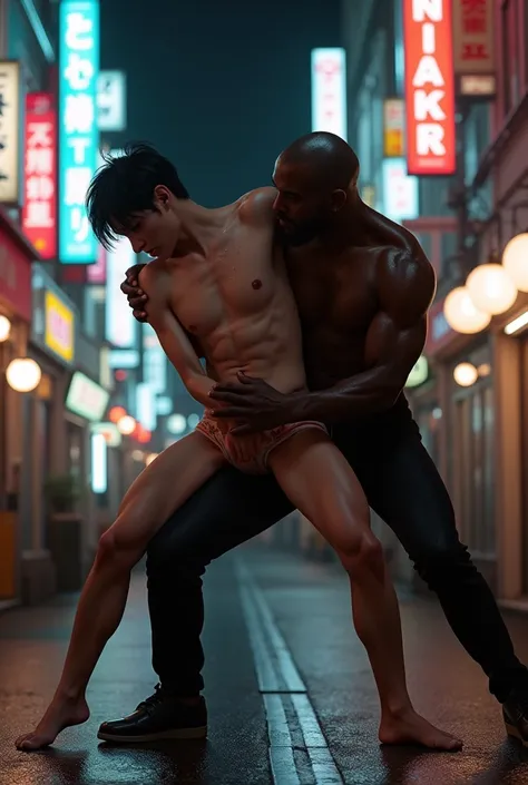 Shinjuku Kabukicho、 A handsome Japanese guy is crying because his dick hurts 、A black man is holding down a handsome dick with both hands、tears、sweat、日本人のイケメンは大きく股を開いてした I will show viewers my crotch、A handsome Japanese man loses to a big black man、黒人の大男が日...