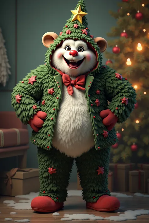 photorealistic portrait of Dressed animals - a ((fat)) (yeti) clown,(Art by Carne Griffiths:1.2),(Christmas theme),(cute),(happy smile:1.2), (elegant),(hands on hips:1.5), high quality,(lovely) ,(highly detailed Christmas tree costume:1.5),Christmas motif ...