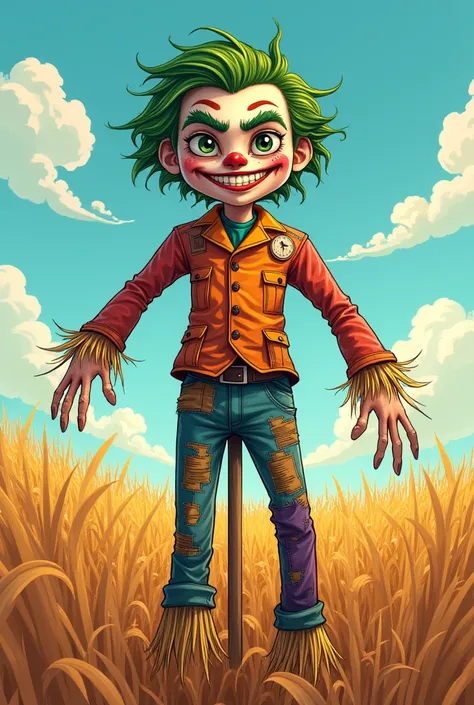 create a cartoon image of a scarecrow with funny and memorable joker makeup