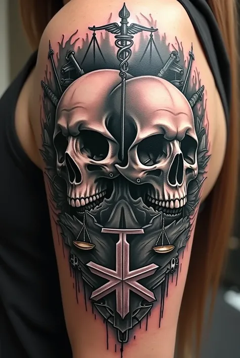 Tattoo with
 Skulls , militarism, weapons,  of justice and nursing