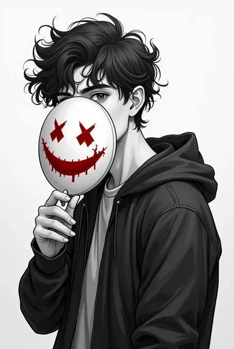 Draw a young man ,  about 19 years old with white skin ,  whose subject wears a black jacket and has curly hair ,  who holds a round white mask that covers his face and the design of the mask has a blood-red smiley face