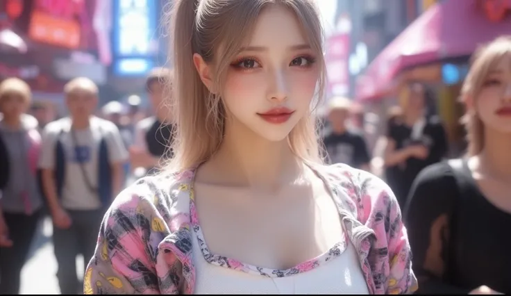 (masterpiece,  best image quality , 8k), Real photo,Idol appearance,  mature adult ,  perfection of fashion,  Korean Makeup, Lip Tint,  full body,frontal,Outdoor, faint smile, Busy City Streets, Realistic,  ultra high definition , out of focus background, ...