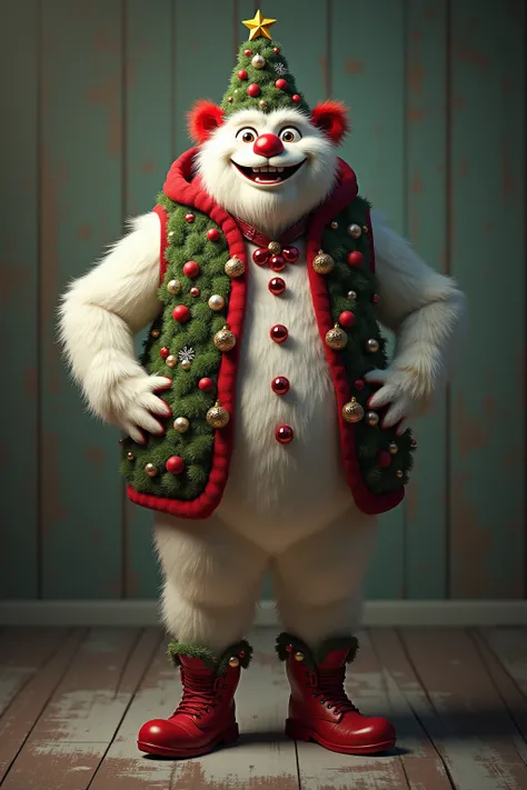 photorealistic portrait of Dressed animals - a ((fat)) (yeti) clown,(Art by John William Waterhouse:1.2),(Christmas theme),(cute),(happy smile:1.2), (elegant),(hands on hips:1.5), high quality,(lovely) ,(highly detailed Christmas tree costume:1.5),Christma...