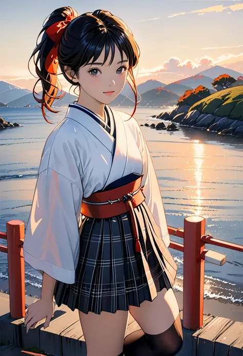 Live action, realistic, a slender, fair-skinned Japanese teenage girl sits on a breakwater by the sea as the sunlight on a winter afternoon turns the sky a bright orange. She gently rocks her legs as she watches the gentle ocean waves in the distance. Her ...