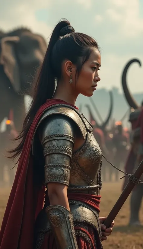 Ultra realistic photo, 8k, Pictures of ancient Thai women warriors There is iron armor covering the chest,, holding a halberd, with a background image of an elephant raising its front legs, there are images of a battle, smoke, fire, and dust.