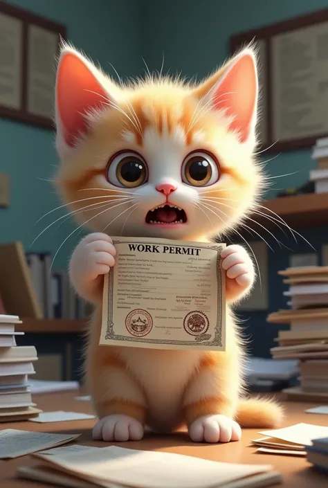 A cute kitten afraid of a work permit