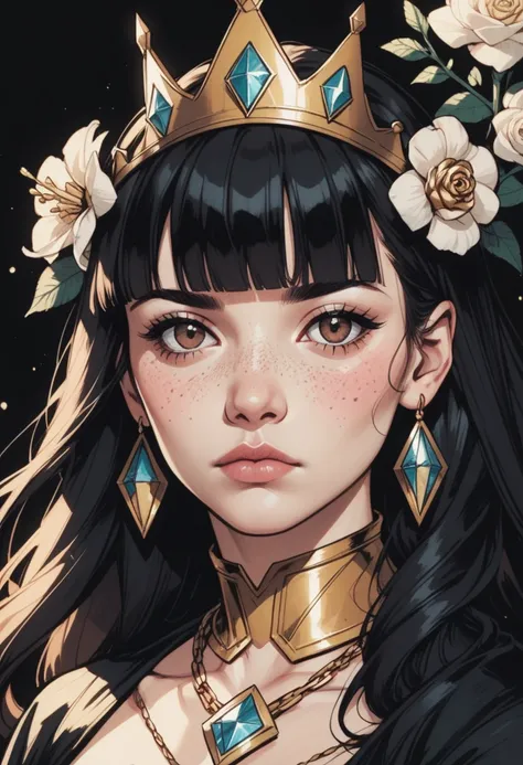 1girl, solo, jewelry, black hair, flower, long hair, looking at viewer, earrings, gold, freckles, rose, brown eyes, closed mouth, portrait, crown, white flower, gem, blunt bangs, black background, necklace, zPDXL3, detailxl,  Score_PnyReal