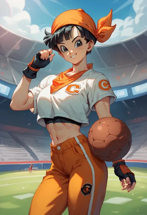 Pan, from Dragon Ball GT, is a young woman with short, dark hair , on football stadium,  female, crop top,, fingerless gloves, pants, orange bandana, short hair, black hair, black eyes, 1girl, pandballgt 