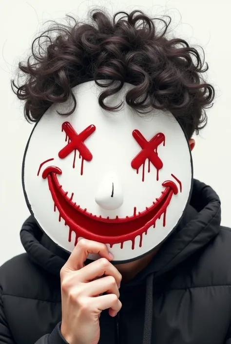 Draw a young man ,  about 19 years old with white skin ,  whose subject wears a black jacket and has curly hair ,  who holds a round white mask that covers his face and the design of the mask has a blood-red smiley face, Let the mask completely cover your ...