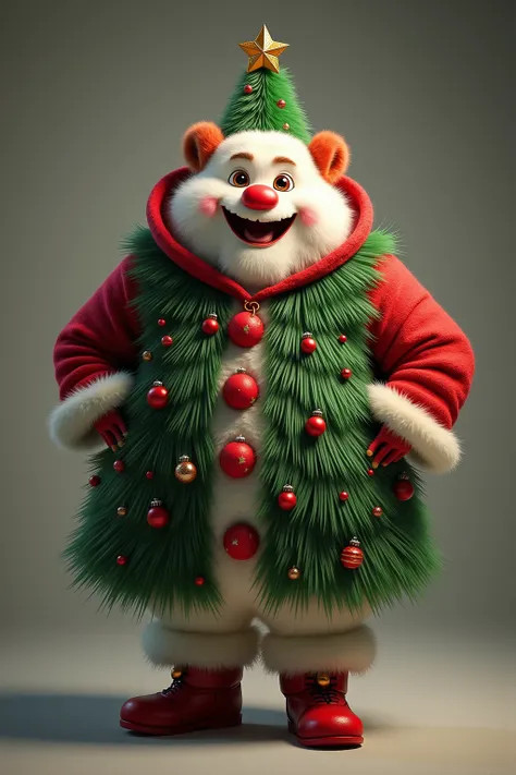 photorealistic portrait of Dressed animals - a ((fat)) (yeti) clown,(Art by Giuseppe Arcimboldo:1.2),(Christmas theme),(cute),(happy smile:1.2), (elegant),(hands on hips:1.5), high quality,(lovely) ,(highly detailed Christmas tree costume:1.5),Christmas mo...