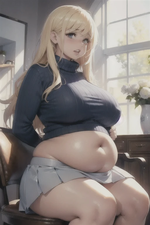 (Best quality), (high resolution), (detailed), curvy girl, long hair, blonde, polo,blue sweater, short white skirt, thick lips, gorgerous, curvy, (chubby:0.7), (stuffed belly:0.8), ((miniskirt)), sitting down, hands on belly, rubbing belly, (moaning:1.4), ...