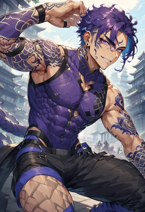 a half dragon man with tattoos on his arm, cool ninja clothes, tattoos near his right eye, average physique, 8k high definition