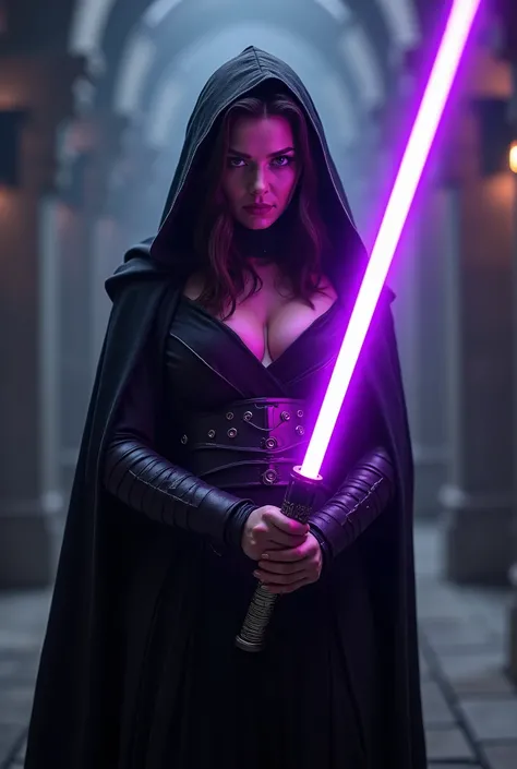 1girl, Generate a photo of a Jedi with a purple plasma sword , , a dark cape and a dark hood in which his face is not visible due to the dark, boobs with a height of 2 and 10 centimeters and a thickness of 13 centimeters body,  