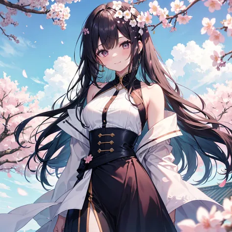 art by Cornflower,  like a dream, cherry blossoms_blossoms, fall_ petals,  petals, branch,  pink_flower, 
( One Girl :1.2), ( long dark hair :1.2), ( dark eyes:1.2), (Whitening:1.2), 
( height 148 cm:1.2), (Bust 80 cm :1.2), ( waist 56 cm:1.2), (Hips 56 cm...