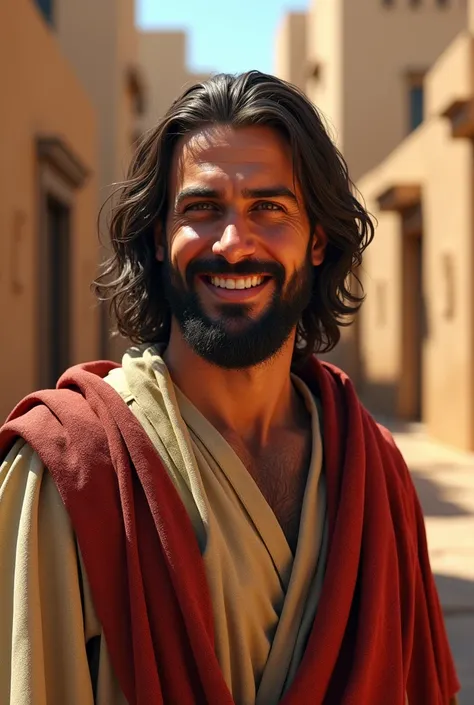  Create an ultra realistic image of Judas  , disciple of jesus,  he is smiling with a friendly face ,The setting is Israel  