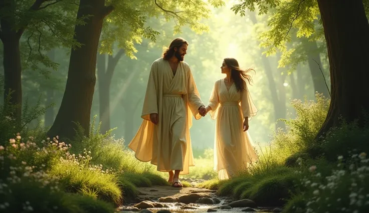 A man as if he were Jesus walking in a forest with a woman holding her hand