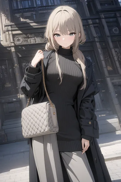 (masterpiece, best quality:1.5), (ultra detailed, high resolution, 8k, beautiful detailed, UHD, best anatomy), Brown Low Ponytail hair, small breasts, 1 girl, Monotone Stylish Look, Black turtleneck sweater, gray wide pants, platform loafers, black long wo...