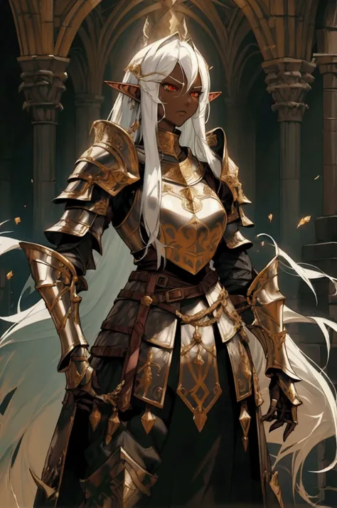 A stylized fantasy female elf with long white hair, red eyes, and pointed elf-like ears, featuring dark skin and a powerful presence. She is wearing intricate black armor with golden details, resembling a medieval knight. Her expression is serious, with he...