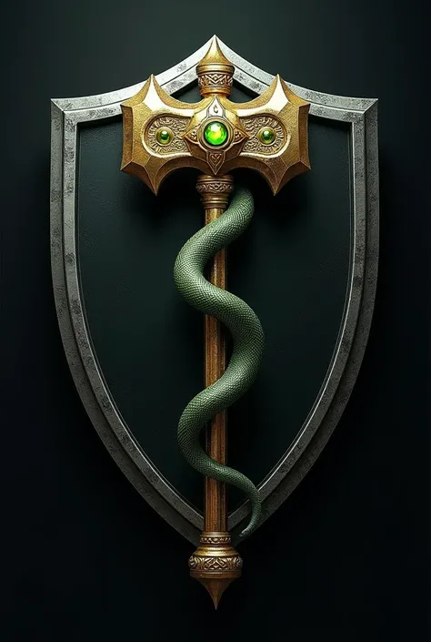 A shield that has an oxidian black background with a thin silver border ,  a war hammer of gold and silver colors together with a green-eyed snake wrapped in the war hammer