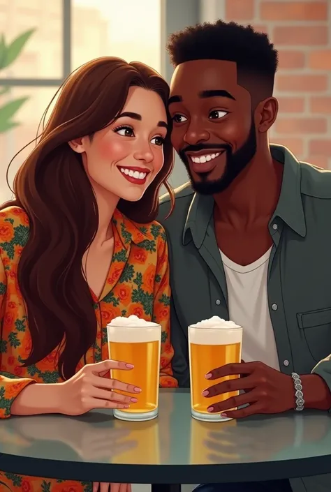  A white woman with brown hair and colored shirt smiling sitting at a table with a slightly black friend with black hair,drinking beer and theyre smiling and theyre sitting at a modern glass table   