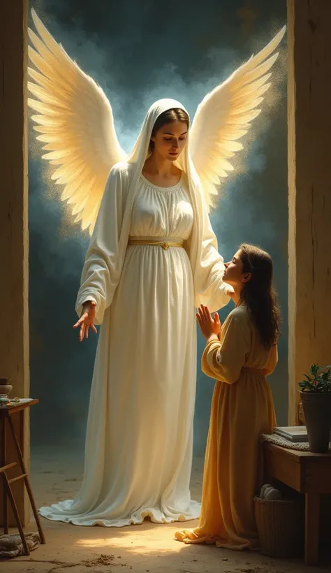 An angel appears to Mary who is in her humble house 