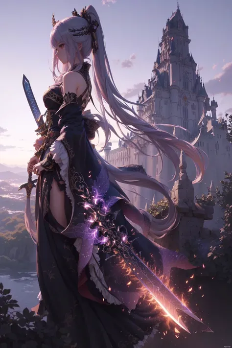 anime girl with long hair and sword in front of a castle, anime fantasy artwork, 2. 5 d cgi anime fantasy artwork, beautiful fantasy anime, anime epic artwork, intricate ornate anime cgi style, epic 8 k hd anime shot, best anime 4k konachan wallpaper, anim...