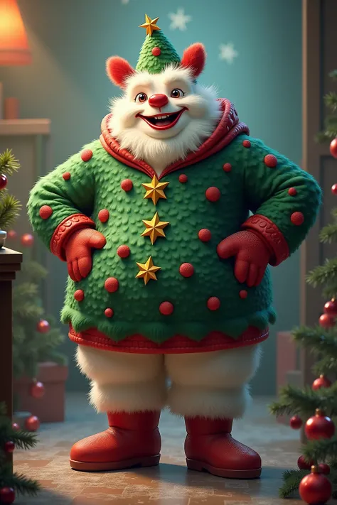 photorealistic portrait of Dressed animals - a ((fat)) (yeti) clown,(Art by John William Waterhouse:1.2),(Christmas theme),(cute),(happy smile:1.2), (elegant),(hands on hips:1.5), high quality,(lovely) ,(highly detailed Christmas tree costume:1.5),Christma...