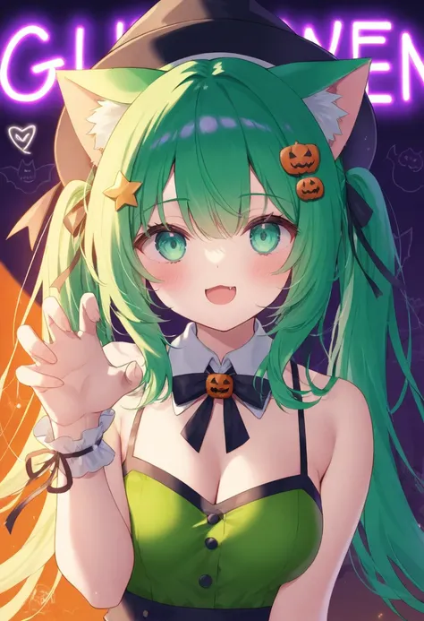 Cute Star Hair Ornament 、cat ears、、  girl、cute、 Emerald Green Teal Cat Ears、 emerald green blue green hair 、emerald green blue green eyes 、 NEON STREET 、Eyes that glow like neon、 long hair on background、 is cool、Sickly cute、肩 is cool、 big、ren、真face、cool、 e...