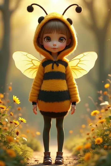 A 14- girl , brown-eyed,  light brown tea , disguised as a bee ,  full body standing three quarters away looking forward