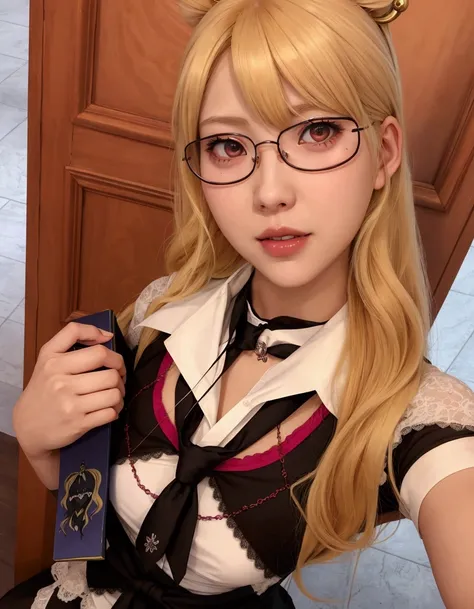 blond woman con gafas and a tie holding a book, sakimichan, Belle Delphine, rena nounen style 3/4, lalisa manobal, misa amane *, ( ( misa amane # ) ), Junko Enoshima, seifuku, chica anime en la vida real, misa amane, con gafas, Asuka Langley