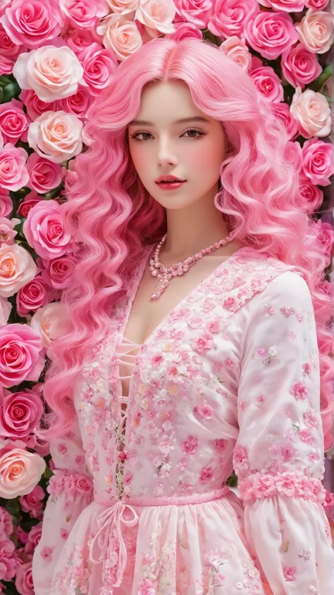 Pink long curly hair 、 feminine,High definition and high quality、 8K ultra HD、3d、 beautiful woman,Fuller lips、Pink Roses, fashion magazine cover , Seamless Patterns 、 Neutral Pastel Colors ,Mysterious white-toned world ,Fabric Art、 Art Station 、Combining m...