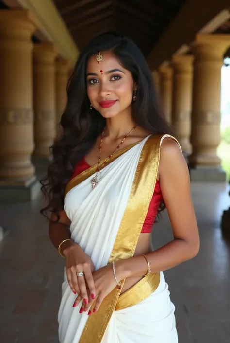  photo of  malayali actress in kerala  guruvayoor temple , hourglass figure, folded hands , seductive eyes, white saree with golden borders , sultry, look at viewer and subtle smile, red lips, necklace, 4K, HD