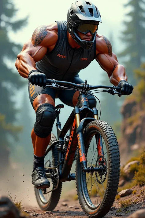 An imposing bumper dressed in mtb cycling equipment riding a bike 