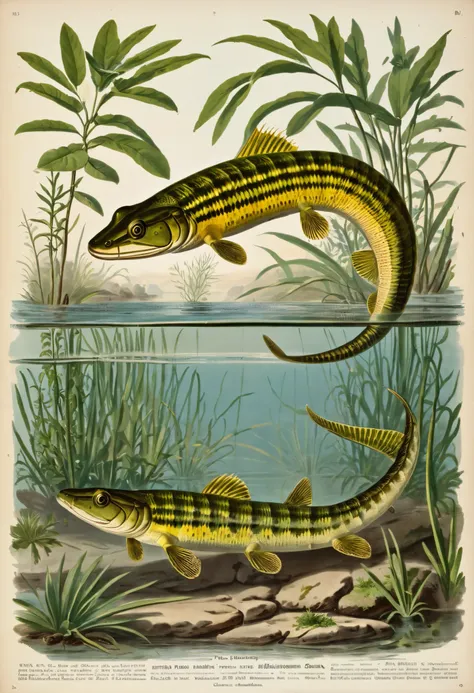 a vintage print of Polypterus endlicheri endlicheri from the 19th century,   vintage illustration poster  ,  Polypterus endlicheri endlicheri painting  , Polypterus endlicheri endlicheri specimen paper  ,  1900s illustration 
