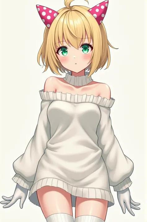  Make a girl with short blond hair with two pink polka dot antennas,   green eyes, A white sweater dress ,  white gloves and long ,  long white socks .  May reveals her shoulders and thighs and covers up to her neck .