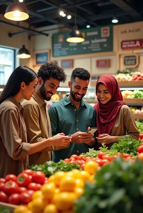 maroccains, afro et blancs hommes et femmes utilisant une apllication mobile souriant pour commander à mager dans un super marché de légume et produits frais
