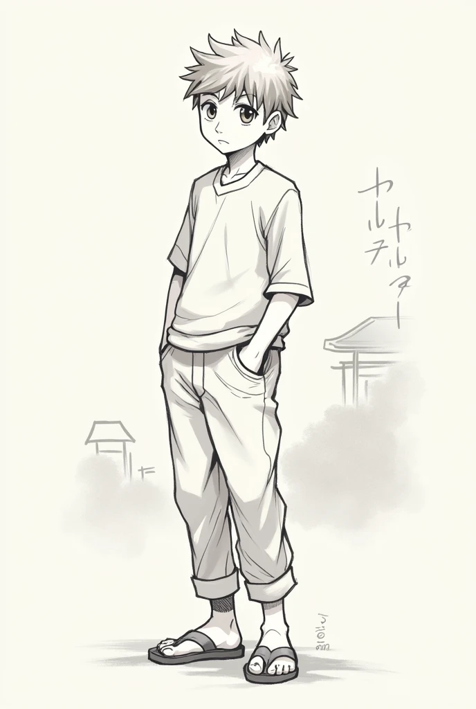 Sketch of a boys full body, With one hand in his pocket, Japanese style 