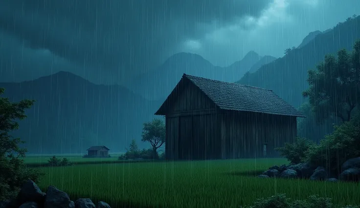 Rainy Night in beautiful vilage with background mountain and ricefield, there is a barn in the rain with a roof and a roof, rain. hyper detailed, falling rain, rain falls, rain falling, strong rain night, hard rain falling, pouring iridescent rain, pouring...