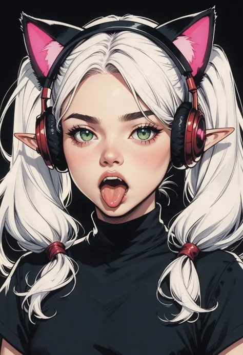 1girl, tongue, solo, pointy ears, fake animal ears, green eyes, animal ears, jewelry, twintails, earrings, tongue out, elf, open mouth, looking at viewer, long hair, cat ears, upper body, animal ear headphones, breasts, shirt, cat ear headphones, black shi...