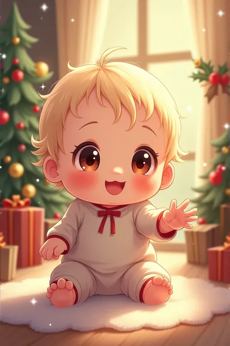 Christmas themed anime baby holding out her hand