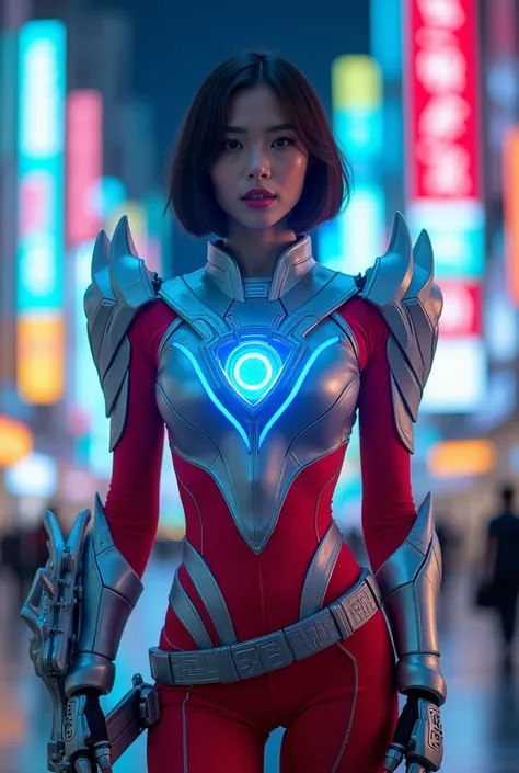 Create a stunning image of a beautiful adult Arab woman wearing an outfit inspired by Ultraman Zero. Her design features silver armor on her shoulders and chest, intricately resembling Ultraman Zeros iconic armor, with an Ultraman Orb embedded at the cente...