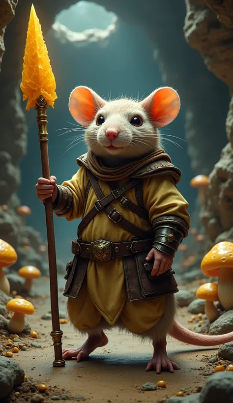 "A highly anthropomorphic, imposingly gigantic rat has transformed into a ferocious and agile warrior, standing upright with a determined and cunning expression. The rats bulky yet muscular body is covered in lightweight, patchwork armor made of metal and ...