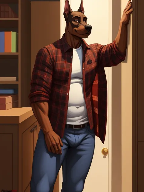 muscular_mature_doberman male dark_brown_two-tone_furry_body brown_eyes milf unbuttoned_plaid_jacket white_t-shirt jeans, solo, Masterpiece best_quality absurdres highly_detailed well_drawn_eyes anthro_only, by_greasymojo by_runawaystride, canine genetalia...