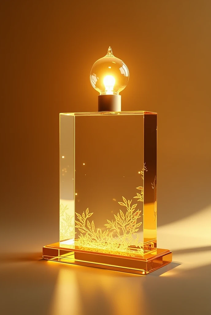 make me square glass award 3d, with glamour gold vibes, with aesthetic ornament right and left side and aesthetic lamp