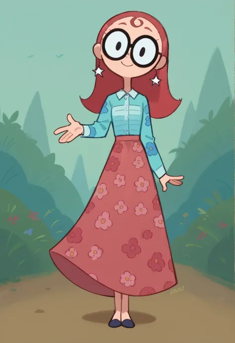 score_9_up, score_8_up, score_7_up, cartoon, 1girl, oceanbird, red hair, glasses, star earrings, white collared purple long sleeve collared shirt, long pink skirt, looking at viewer, smile, closed mouth, full body, standing