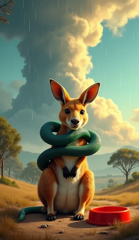 Create a digital illustration of a small kangaroo in a dramatic, vivid natural setting. The scene features a towering rainstorm with a huge plume of smoke rising from its peak, mixing with the hot tons of a midday sun. The landscape is an open field with a...